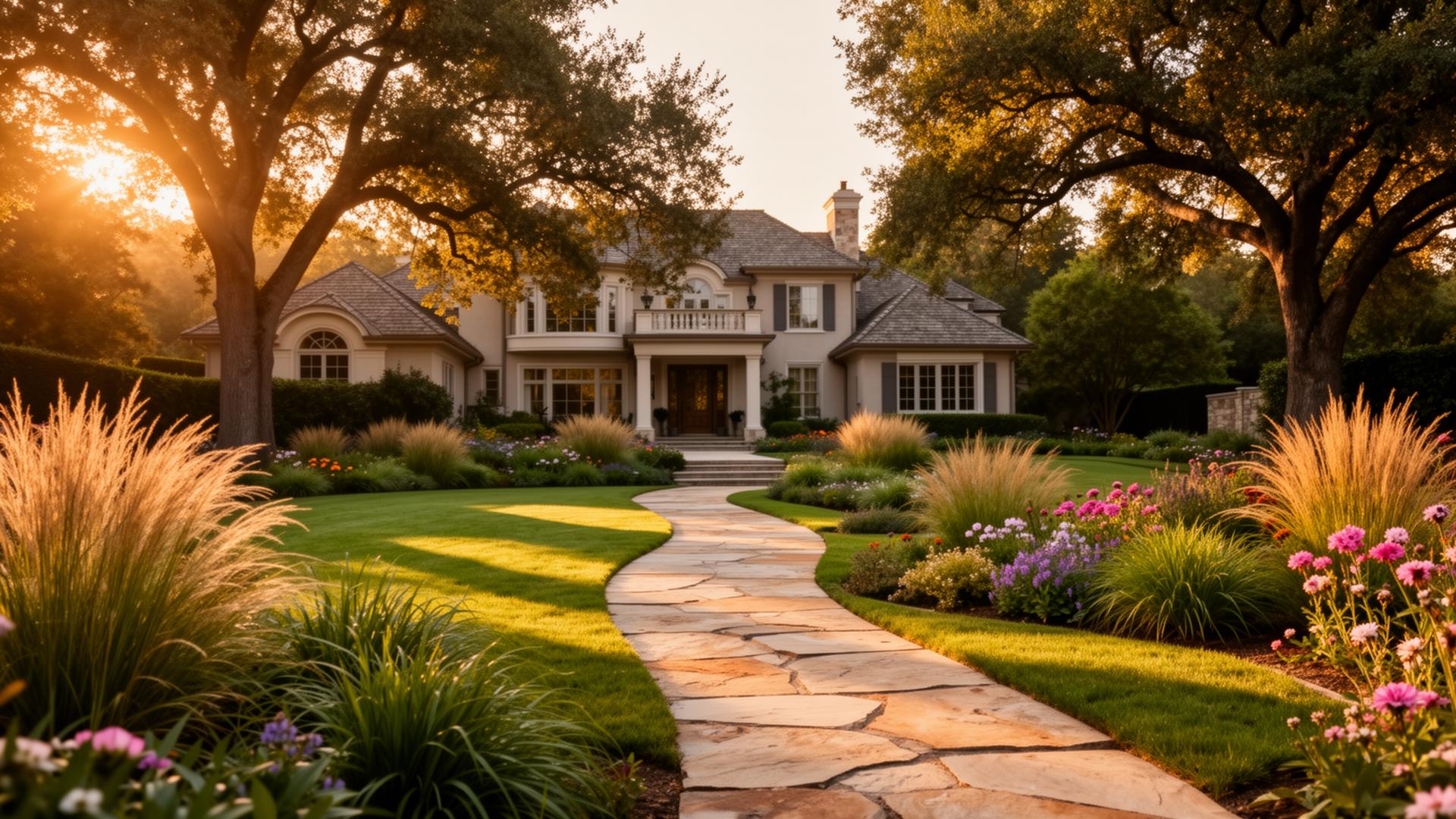 Sioux Falls backyard with stone patio, manicured lawn and prairie view at golden hour